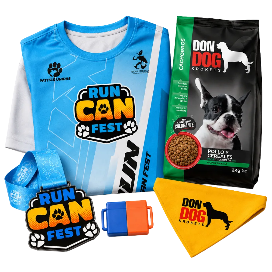 Kit de inscripción: camiseta oficial, funda de alimento Don Dog, pañoleta amarilla, chip de cronometraje y medalla